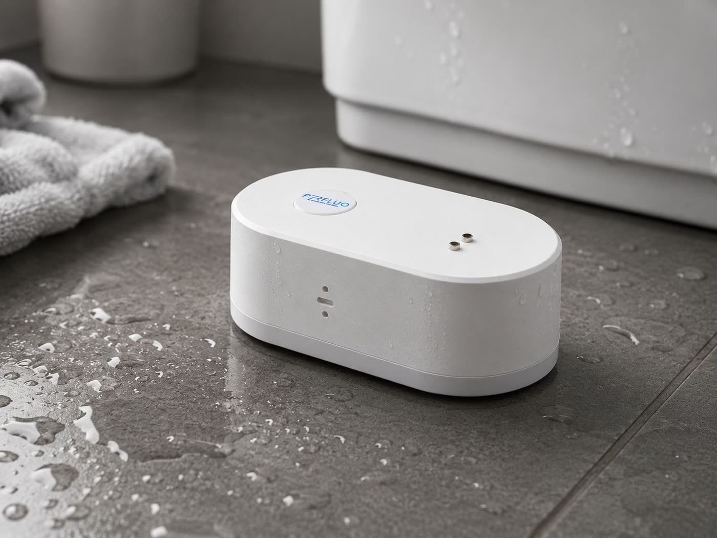 Perfluo water leak detector on wet floor — catches leaks the moment they start
