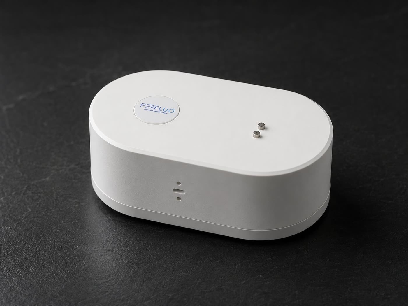 Perfluo water leak detector — clean studio view showing sensor probes and Perfluo logo